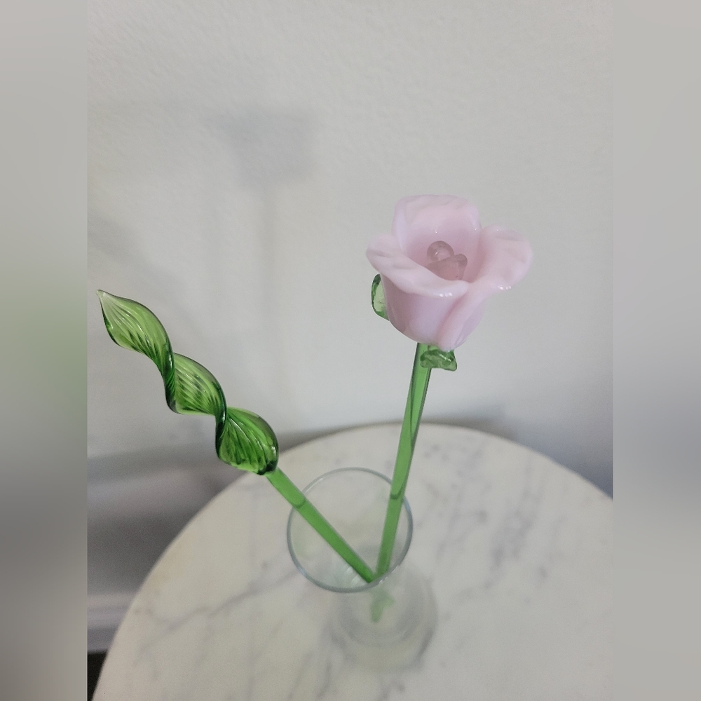 Glass Decor Pink Rose with Leaf Accent Small Glass Vase Included